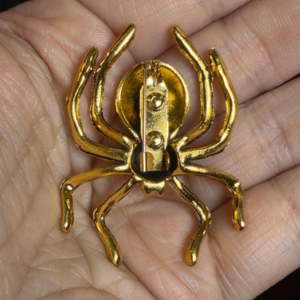 Spider Brooch Green Rhinestone Gold Tone Insect Pin 2” - Picture 8 of 8